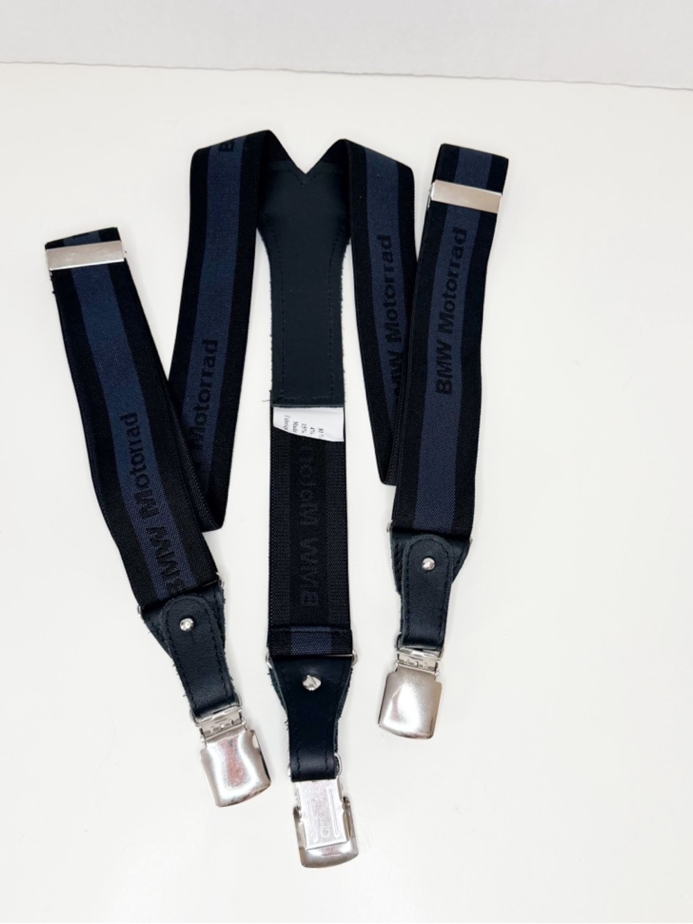 BMW Rare Vintage Black Leather-Trim Suspenders w/Silver Tone Clips, Grabbers